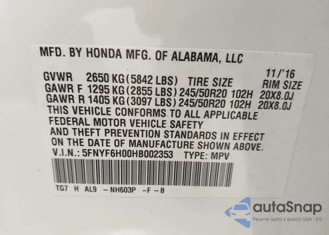 2017 Honda Pilot Elite z USA, uszkodzony, nr VIN 5FNYF6H00HB002353